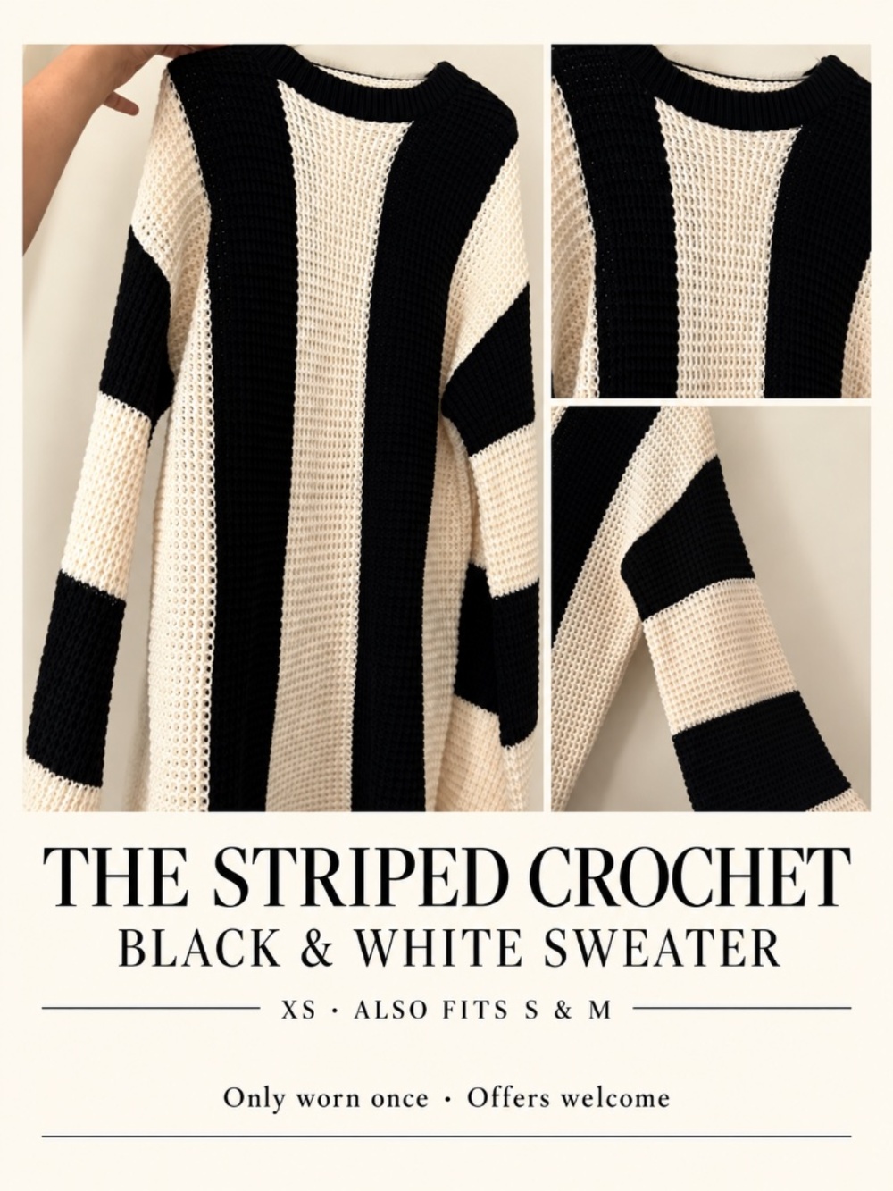 Black & Cream Striped Crochet Sweater